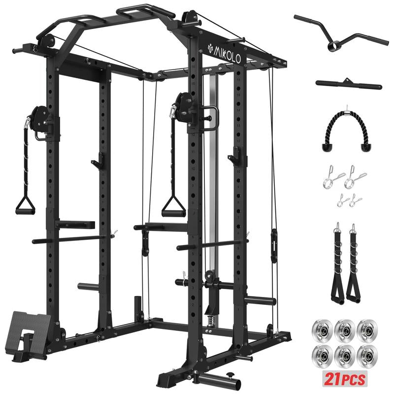 MIKOLO Power Cage 1500LBS Squat Rack with Cable Crossover LAT Pull down Station Steel Home Gym Workouts Equipment Set 21-Piece Complete Accessories Includedmikolo