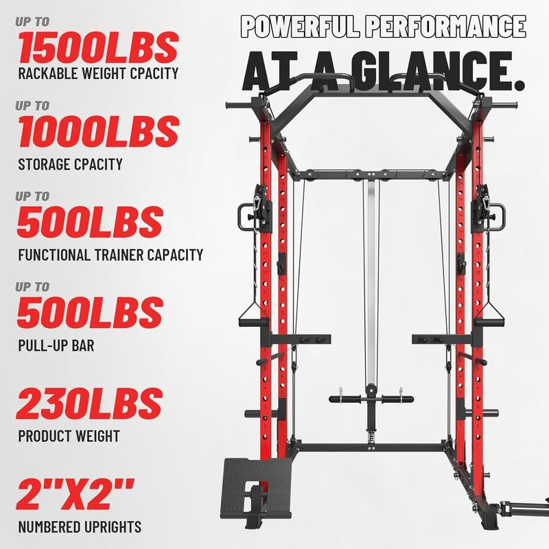 MIKOLO Power Cage 1500LBS Squat Rack with Cable Crossover LAT Pull down Station Steel Home Gym Workouts Equipment Set 21-Piece Complete Accessories Includedmikolo