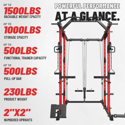 MIKOLO Power Cage 1500LBS Squat Rack with Cable Crossover LAT Pull down Station Steel Home Gym Workouts Equipment Set 21-Piece Complete Accessories Includedmikolo