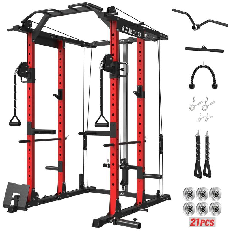 MIKOLO Power Cage 1500LBS Squat Rack with Cable Crossover LAT Pull down Station Steel Home Gym Workouts Equipment Set 21-Piece Complete Accessories Includedmikolo